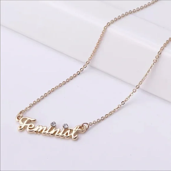 Small Gold tone w Rhinestones Feminist Necklace - Picture 2 of 8